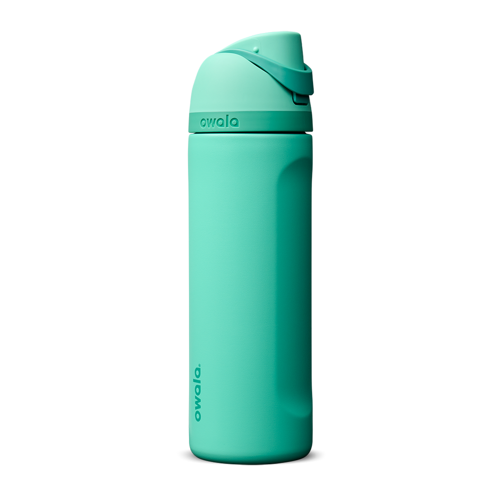 Owala FreeSip 24oz in 90s Kid, bright mint teal insulated bottle with matching teal flip cap and carry loop