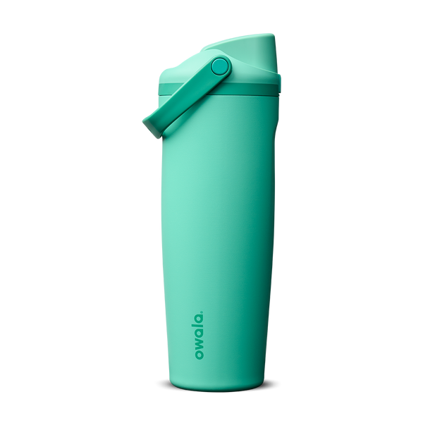 FreeSip Sway 30oz in 90s Kid, vibrant teal-mint insulated water bottle with matching teal flip cap and carry loop