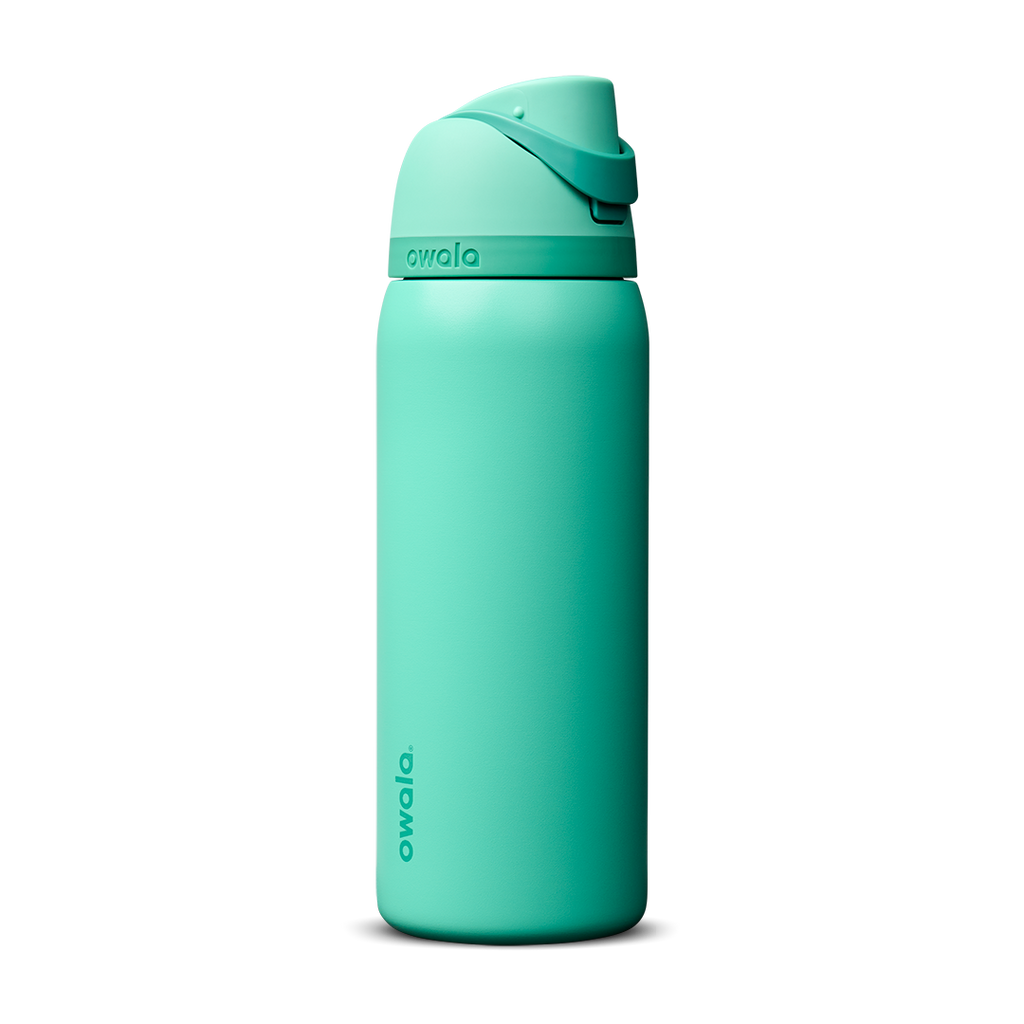 Owala FreeSip 32oz in 90s Kid, bright mint teal insulated bottle with matching teal flip cap and carry loop