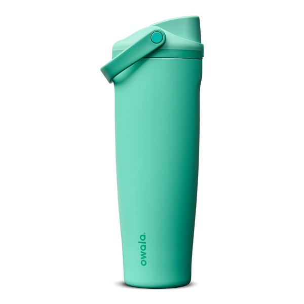 FreeSip Sway 40oz in 90s Kid, vibrant teal-mint insulated water bottle with matching teal flip cap and carry loop, lid open