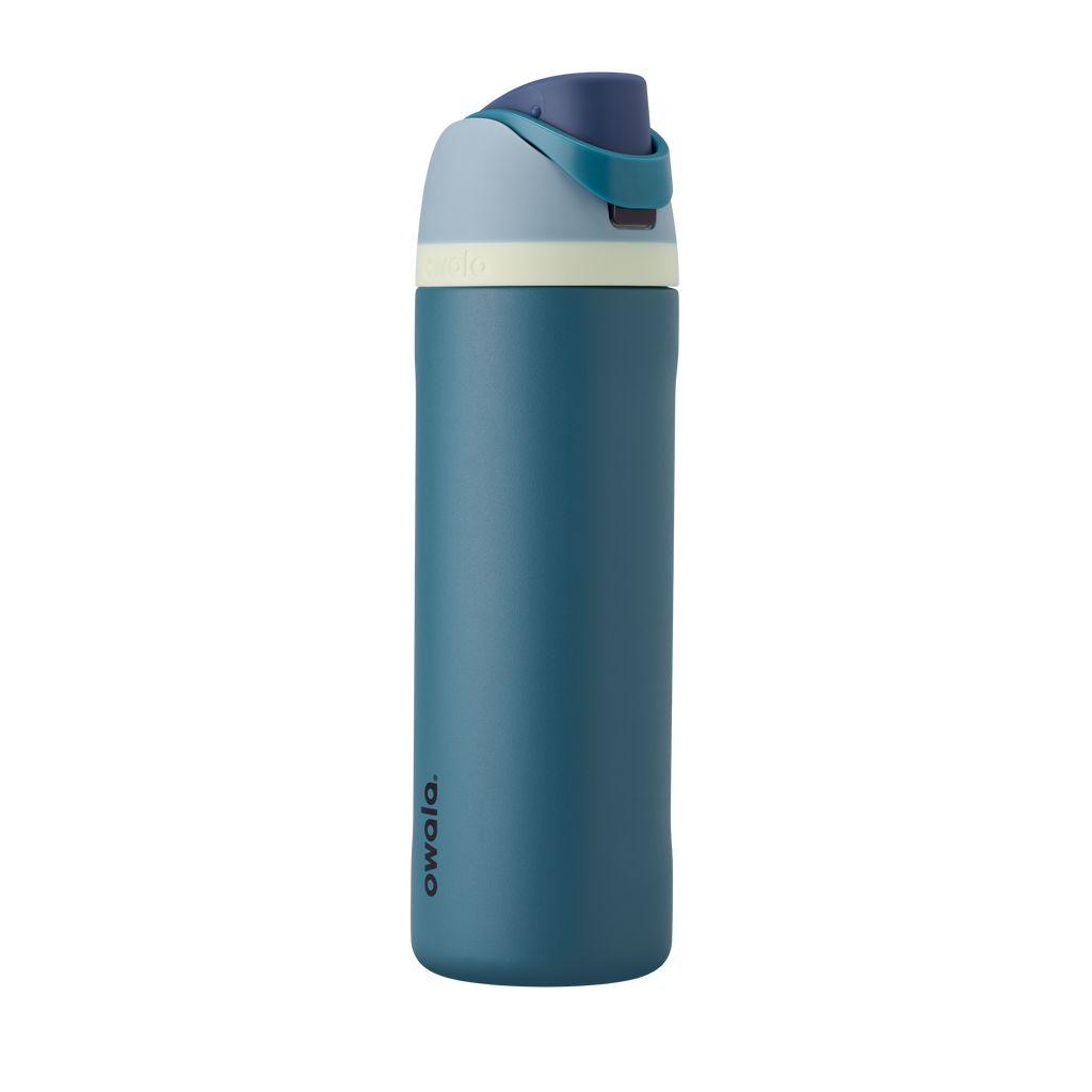 FreeSip 24oz in Denim, muted teal blue insulated bottle with dusty navy flip cap and pale cream accent band