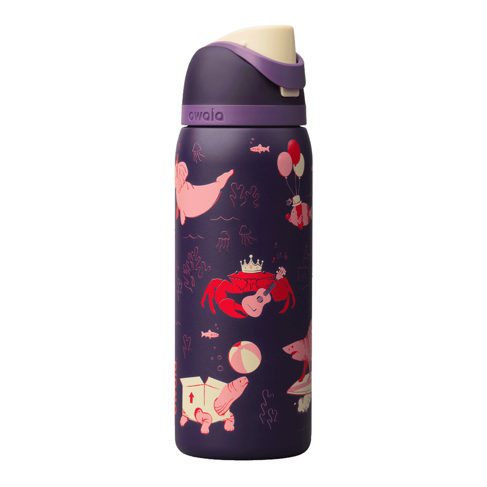 Owala Birthday Bash 24oz FreeSip Go Halvsies; deep purple-plum body with a whimsical pattern of crowned flying pigs and other playful creatures, cream flip cap