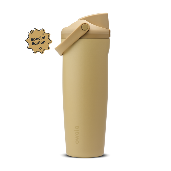 FreeSip Sway 30oz Autumn Vista; warm golden sand body with matching tan flip cap, tan carry loop, and tan lid