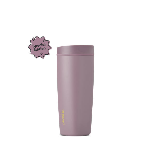 SmoothSip Slider 20oz in Spring Revival, dusty mauve-purple insulated cup with matching lid, gold Owala logo