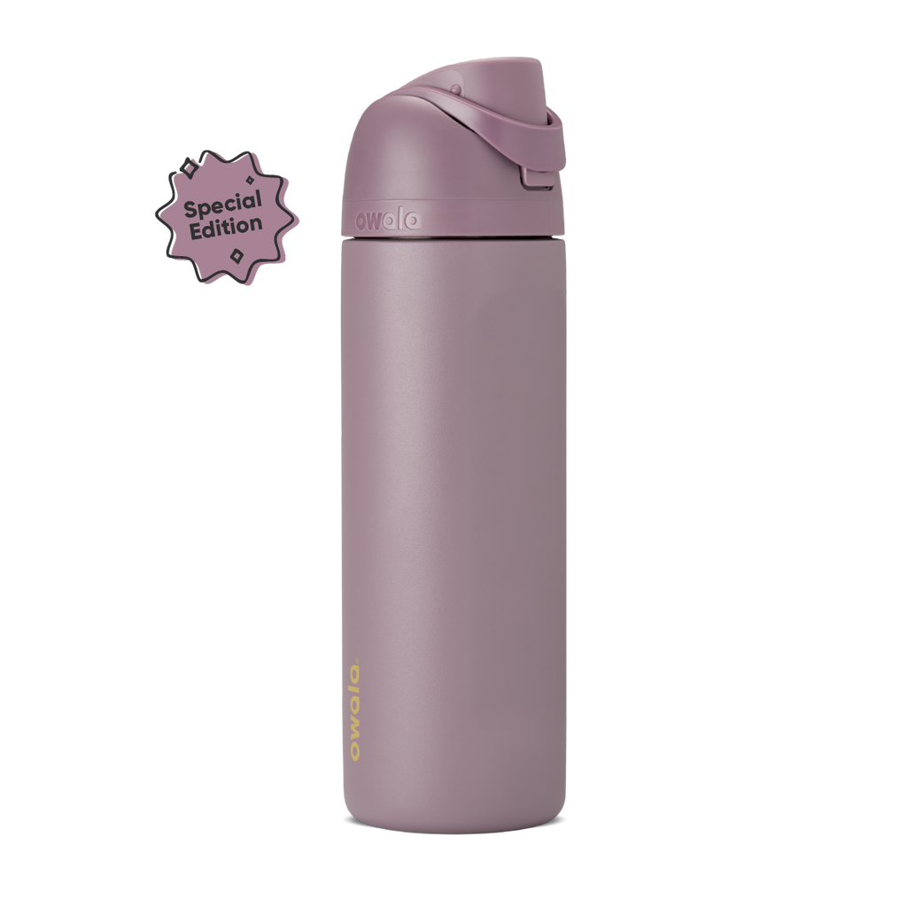 FreeSip 24oz in Spring Revival, dusty mauve-purple insulated bottle with matching flip cap and carry loop, gold Owala logo