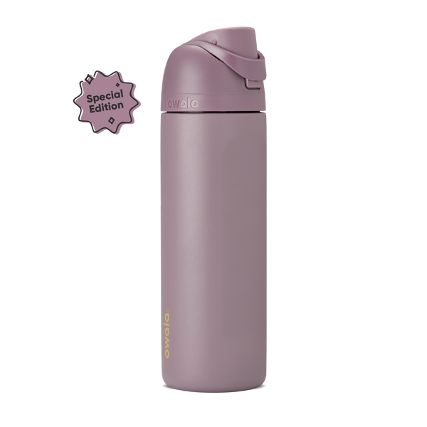 FreeSip 24oz in Spring Revival, dusty mauve-purple insulated bottle with matching flip cap and carry loop, gold Owala logo