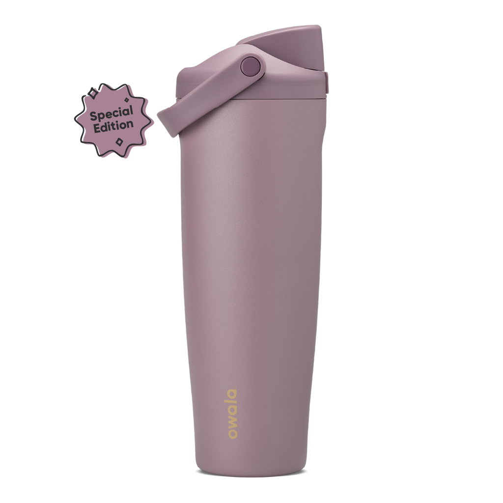 FreeSip Sway 40oz in Spring Revival, dusty mauve-purple insulated bottle with matching flip cap and carry loop, gold Owala logo