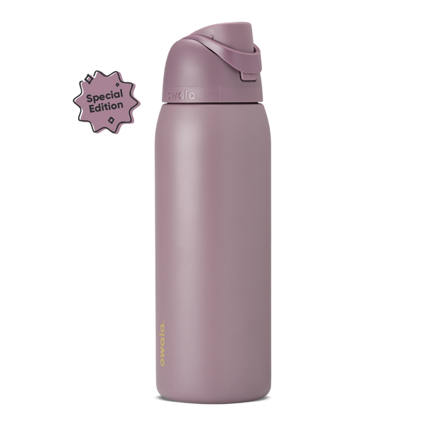 FreeSip 40oz in Spring Revival, dusty mauve-purple insulated bottle with matching flip cap and carry loop, gold Owala logo