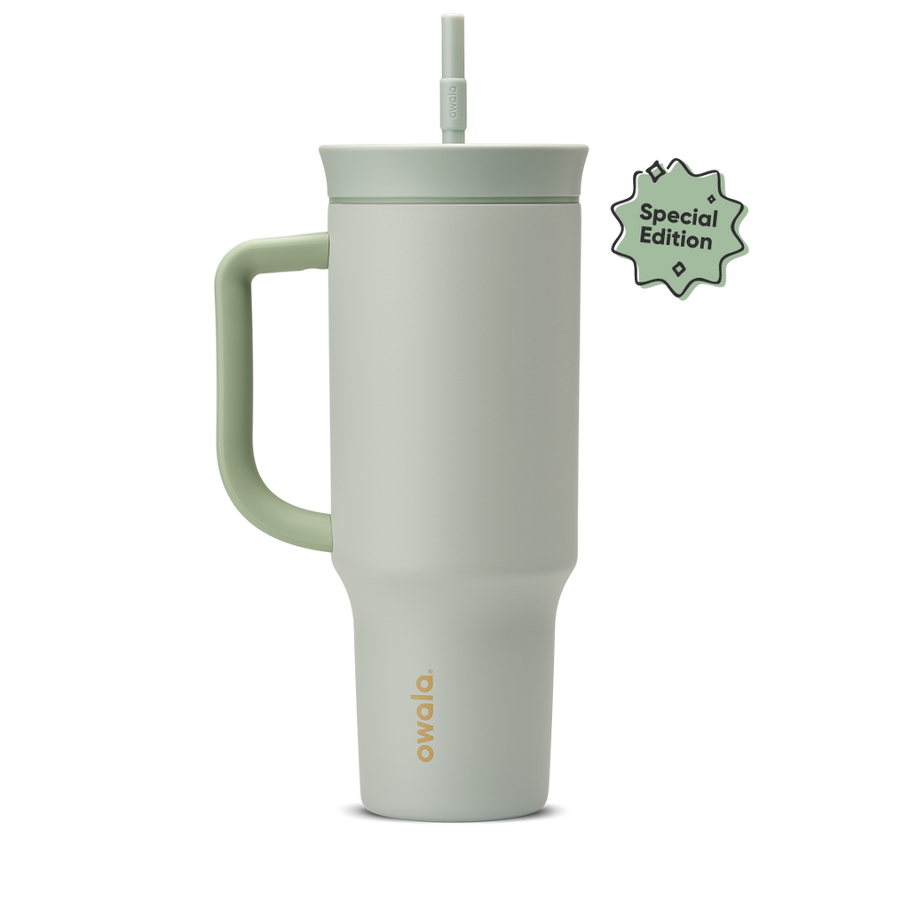 40oz Tumbler Summer Paradise; soft sage green tumbler with matching sage handle, sage lid, and sage straw