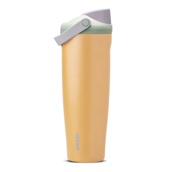 FreeSip Sway 40oz in Beachfront, golden yellow insulated water bottle with lavender flip cap, light grey carry loop, sage green lid accent ring and green push-button, lid open