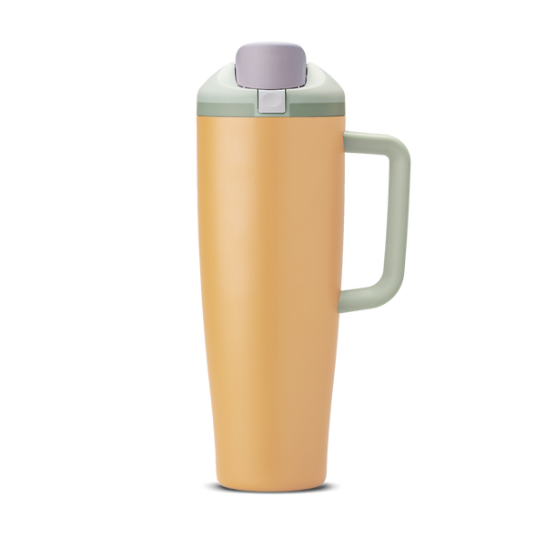 FreeSip Tumbler 40oz Beachfront, golden yellow body with lavender flip cap, sage green accent band and lid, and sage green handle