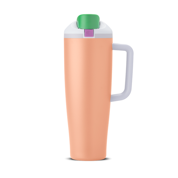 FreeSip Tumbler 40oz Peachy Keen, peach orange body with green flip cap, purple push-button, white lid, and white handle