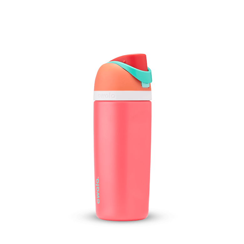 Owala Kids' FreeSip in FireBall — coral pink body with orange and mint green lid accents