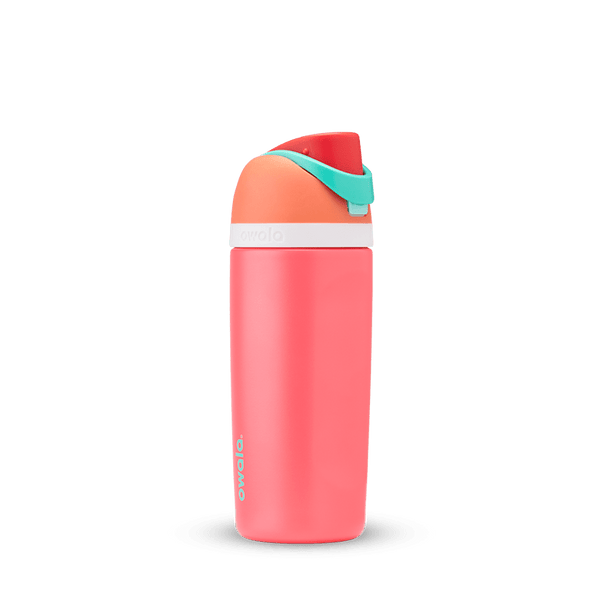 Kids FreeSip 16oz in Fireball, coral red insulated bottle with white accent band, peach orange lid, bright red flip cap, and mint green carry loop