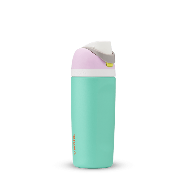 Kids FreeSip 16oz in Make Waves, mint green insulated bottle with white accent band, lavender purple lid, white flip cap, and gray carry loop