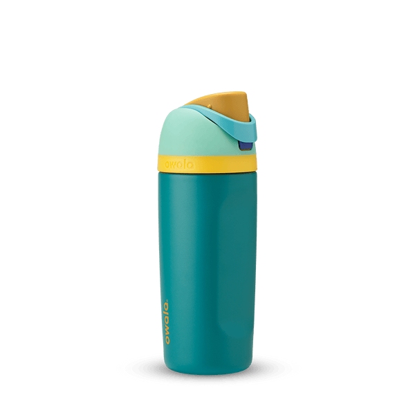 Kids FreeSip 16oz in Splishy Splashy, deep teal insulated bottle with mint green lid, yellow accent band, mustard yellow flip cap, and light blue carry loop