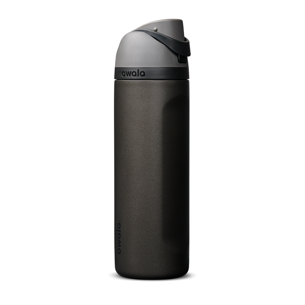 Owala FreeSip 24oz in Nailed It, deep charcoal black insulated bottle with matching dark gray flip cap and carry loop