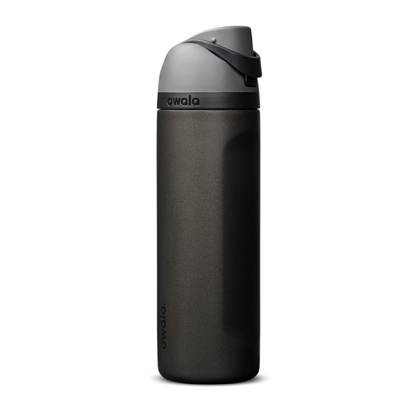 Owala FreeSip 24oz in Nailed It, deep charcoal black insulated bottle with matching dark gray flip cap and carry loop