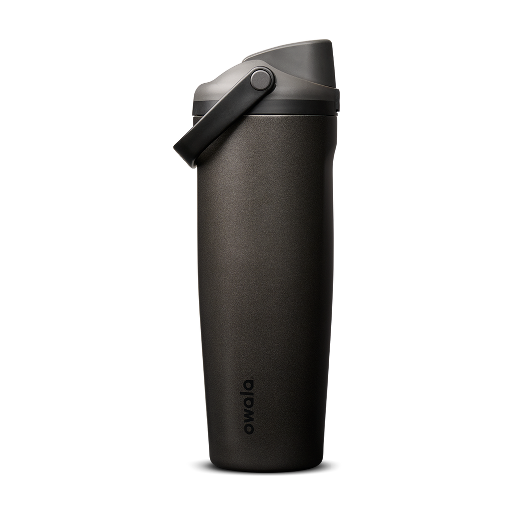 FreeSip Sway 30oz in Nailed It, deep charcoal black insulated water bottle with matching dark flip cap and carry loop