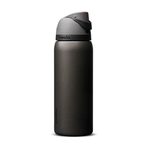 Owala FreeSip 32oz in Nailed It, deep charcoal black insulated bottle with matching dark gray flip cap and carry loop