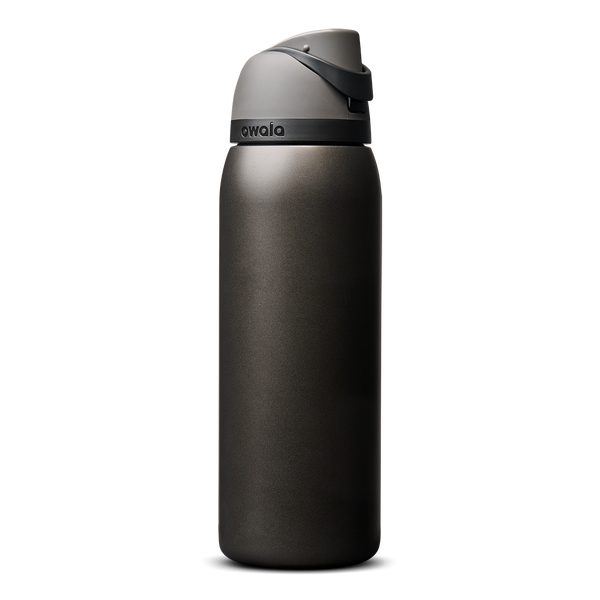 Owala FreeSip 40oz in Nailed It, deep charcoal black insulated bottle with matching dark gray flip cap and carry loop