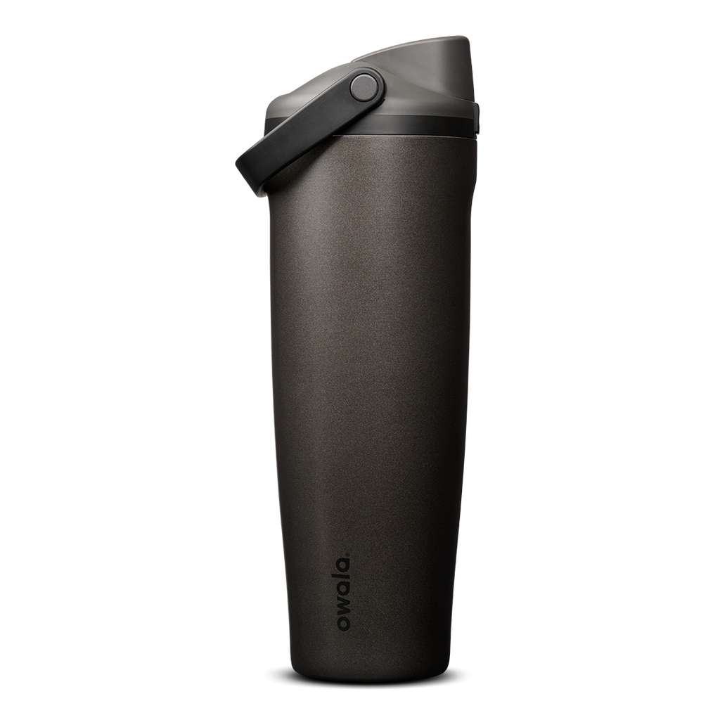 FreeSip Sway 40oz in Nailed It, deep charcoal black insulated water bottle with matching dark flip cap and carry loop
