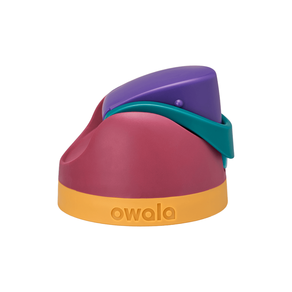 Owala FreeSip replacement lid in Gemstone Chic, deep magenta body with purple flip cap, teal carry loop, and orange base accent band