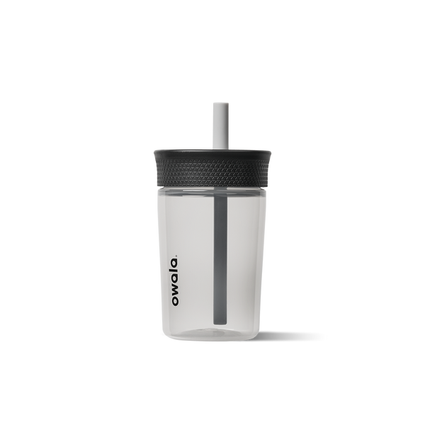 Kids Tumbler 15oz in Fin-Tastic Grey, clear transparent body with dark grey accent panel and dark grey lid with white straw
