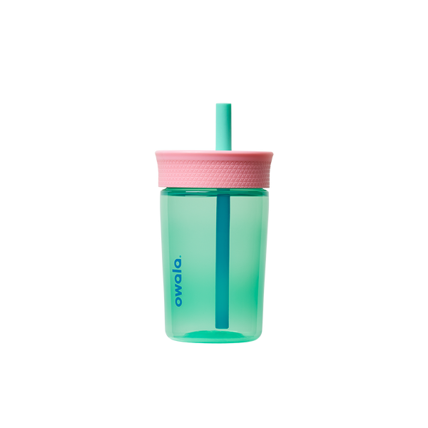 Kids Tumbler 15oz in Reel Cool Fish, mint teal transparent body with pink lid and mint straw