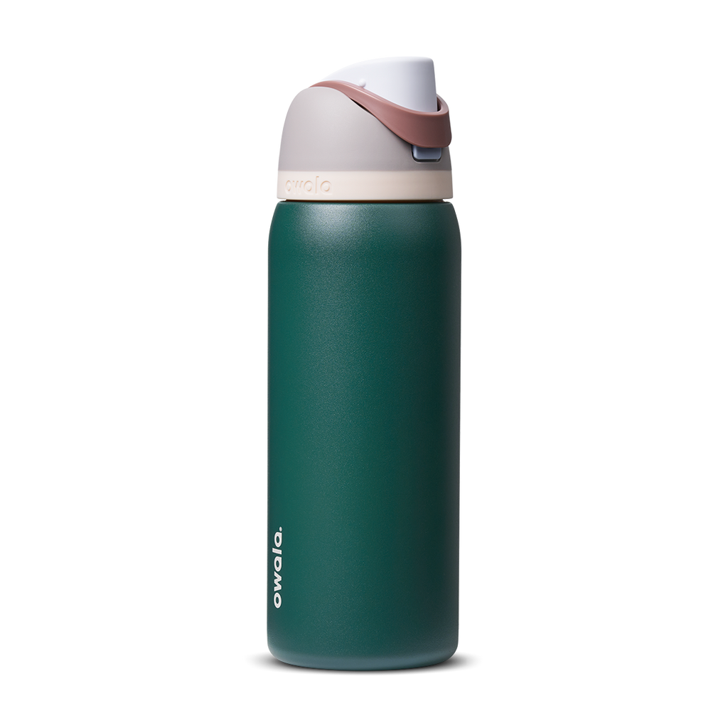 FreeSip 32oz in Serene Evergreen, deep forest green body with cream white flip cap and mauve-rose carry loop