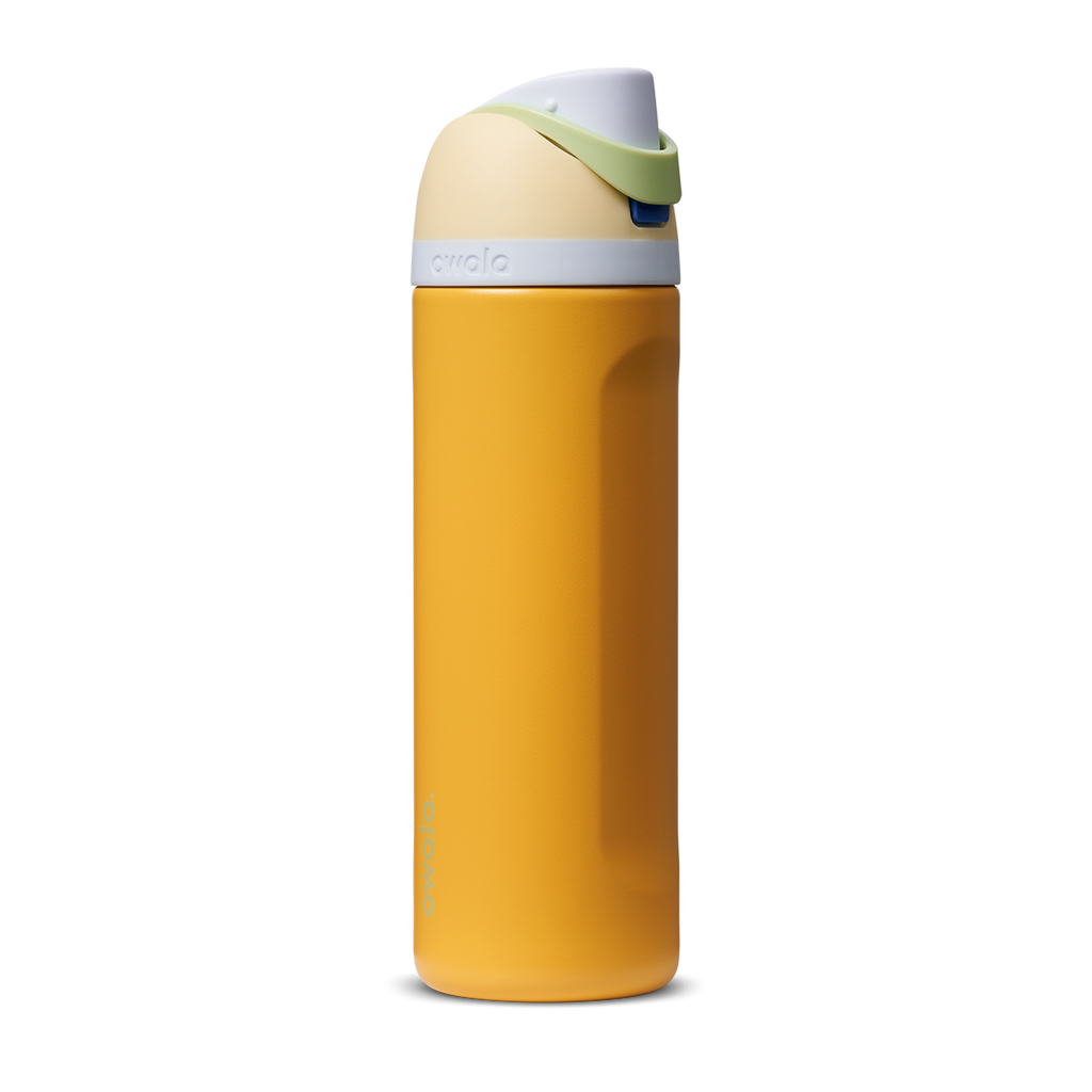 FreeSip 24oz in Treasure Hunt, golden mustard yellow body with cream white flip cap and green carry loop