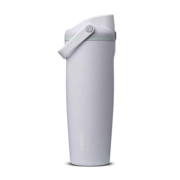 FreeSip Sway 30oz in Open Air, pale lavender-grey insulated water bottle with matching lavender flip cap and carry loop, sage green lid accent ring, lid open
