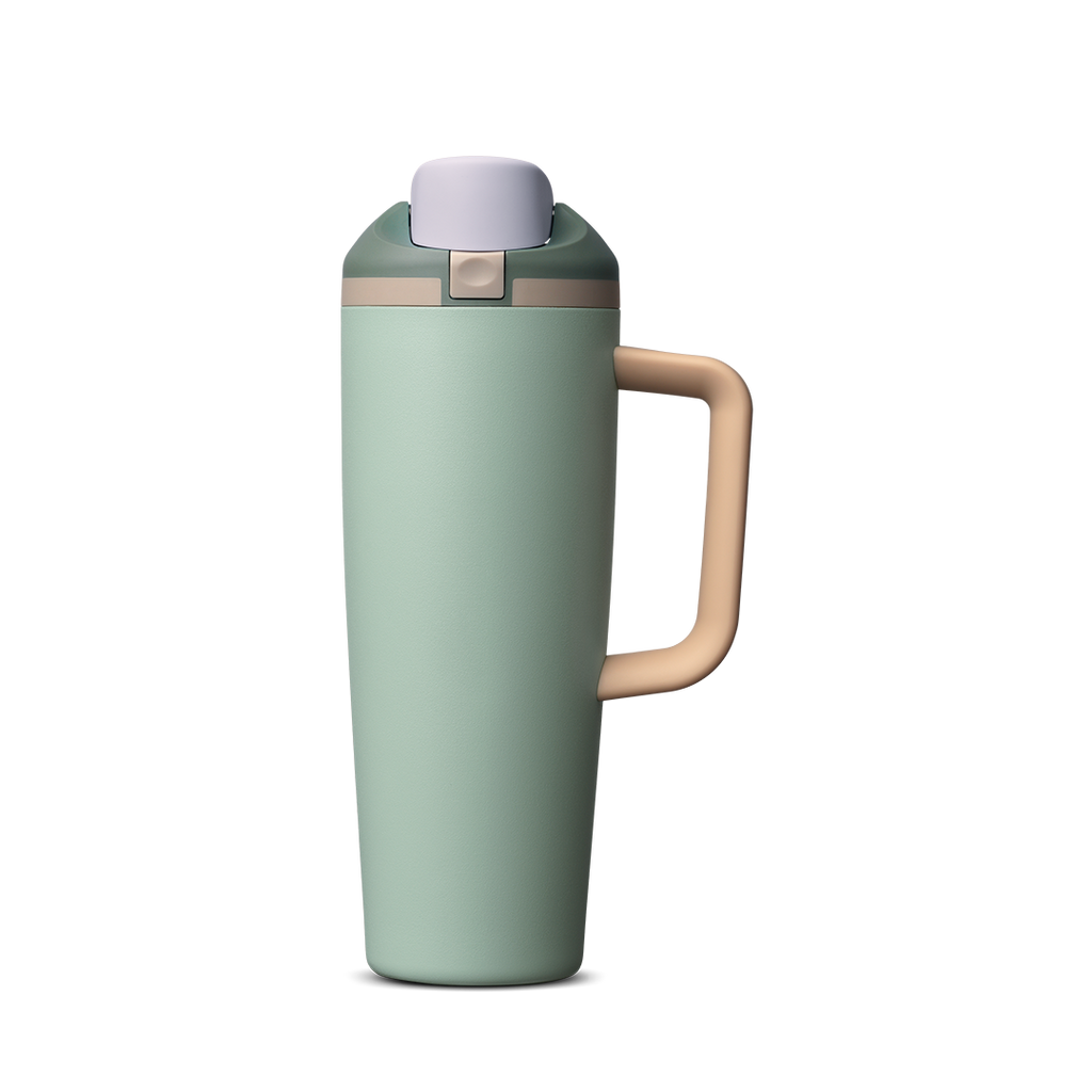 FreeSip Tumbler 30oz, sage green body with natural tan/wood-tone handle and light grey-green lid