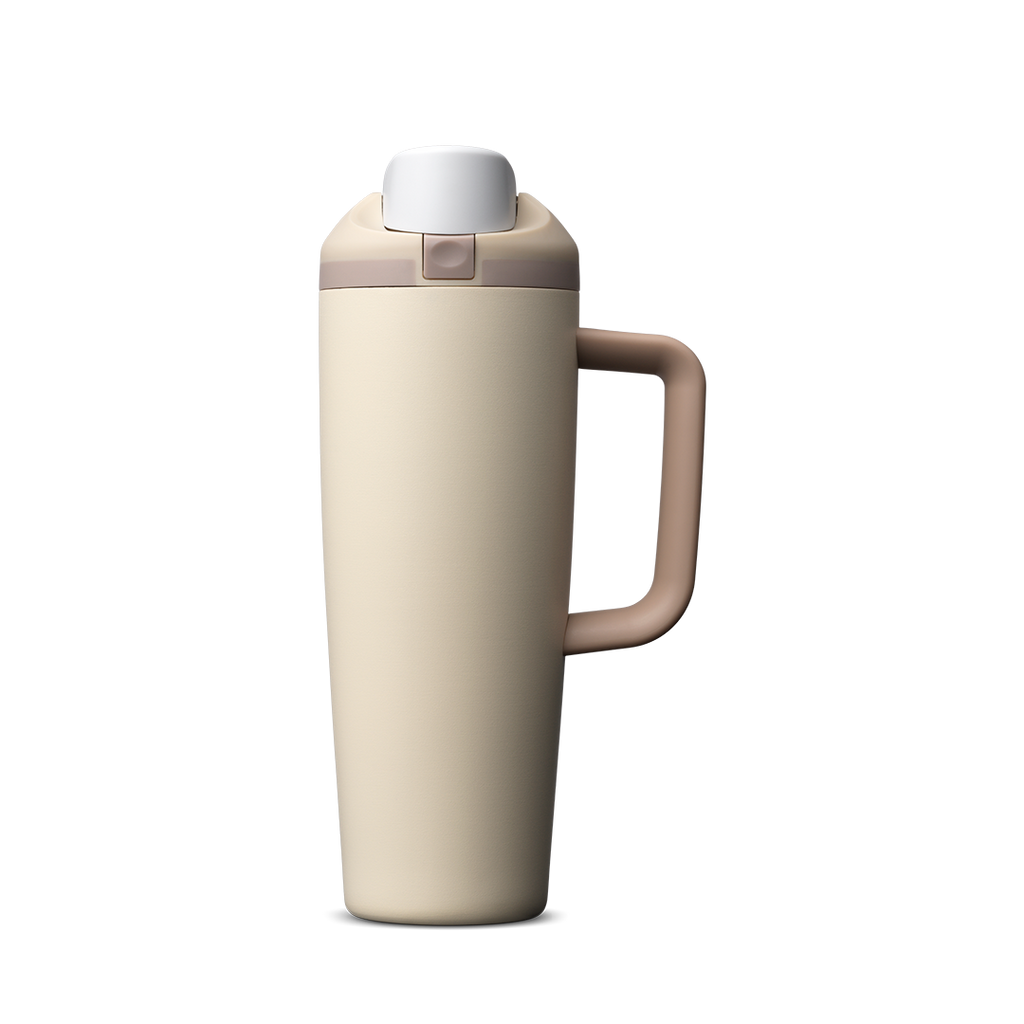 FreeSip Tumbler 30oz, cream/off-white body with matching white lid and handle