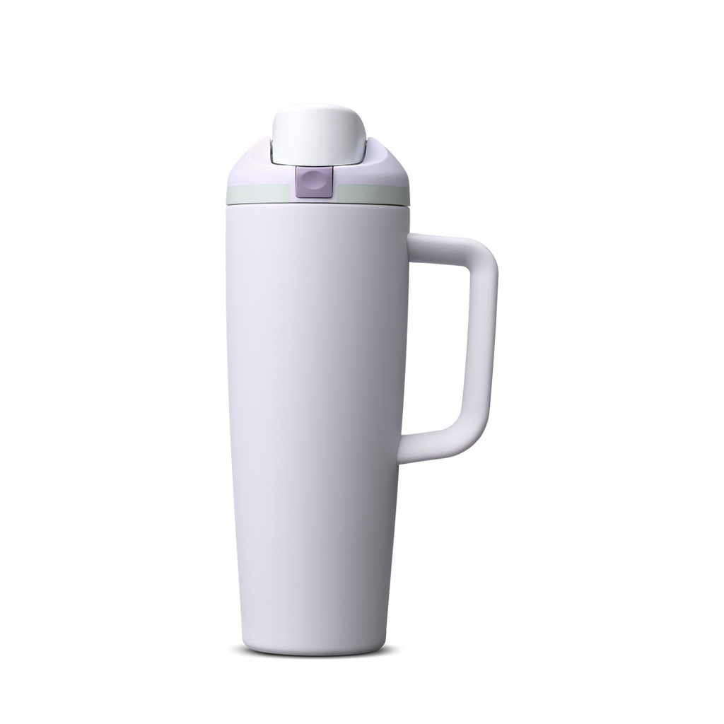 FreeSip Tumbler 30oz, pale lavender/light purple body with white lid and lavender handle