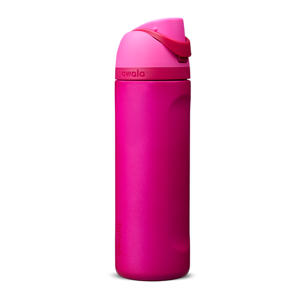 Owala FreeSip 24oz in Read My Lips, deep magenta pink insulated bottle with bright hot pink flip cap and carry loop