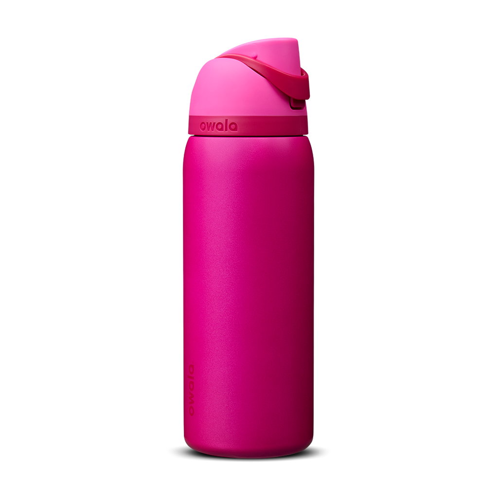 Owala FreeSip 32oz in Read My Lips, deep magenta pink insulated bottle with bright hot pink flip cap and carry loop