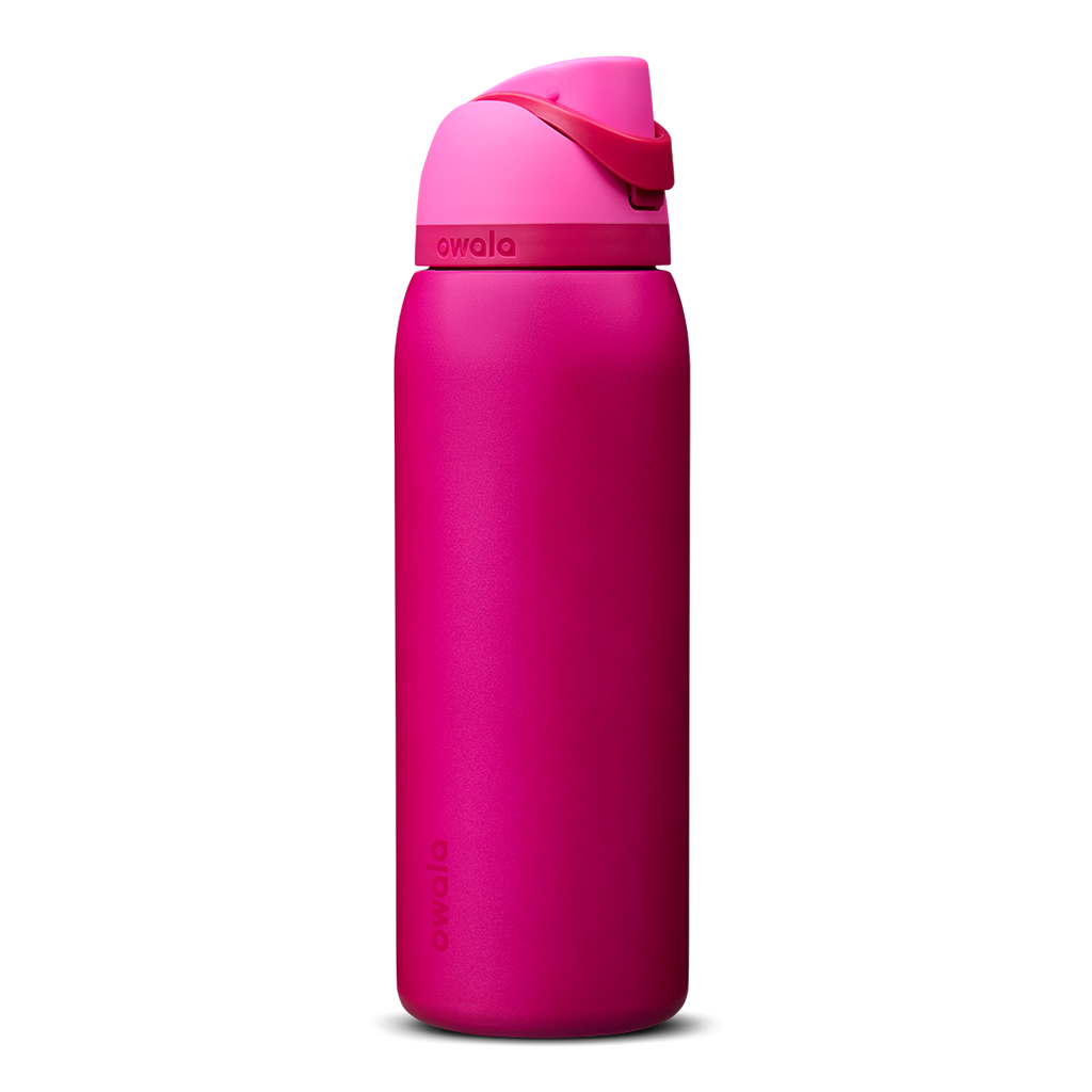 Owala FreeSip 40oz in Read My Lips, deep magenta pink insulated bottle with bright hot pink flip cap and carry loop