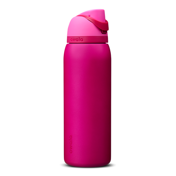 Owala FreeSip 40oz in Read My Lips, deep magenta pink insulated bottle with bright hot pink flip cap and carry loop