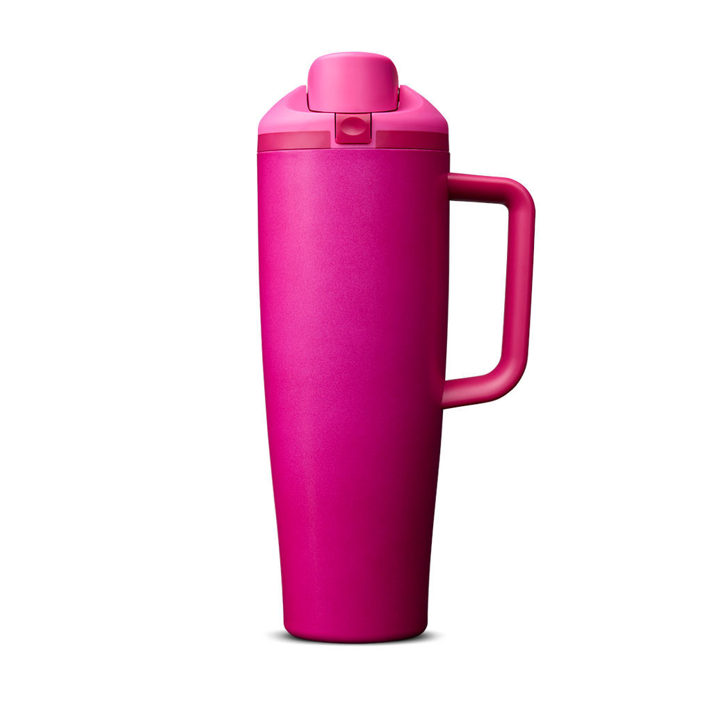 FreeSip Tumbler 40oz Read My Lips, vivid hot pink/magenta body with matching bright pink lid and handle