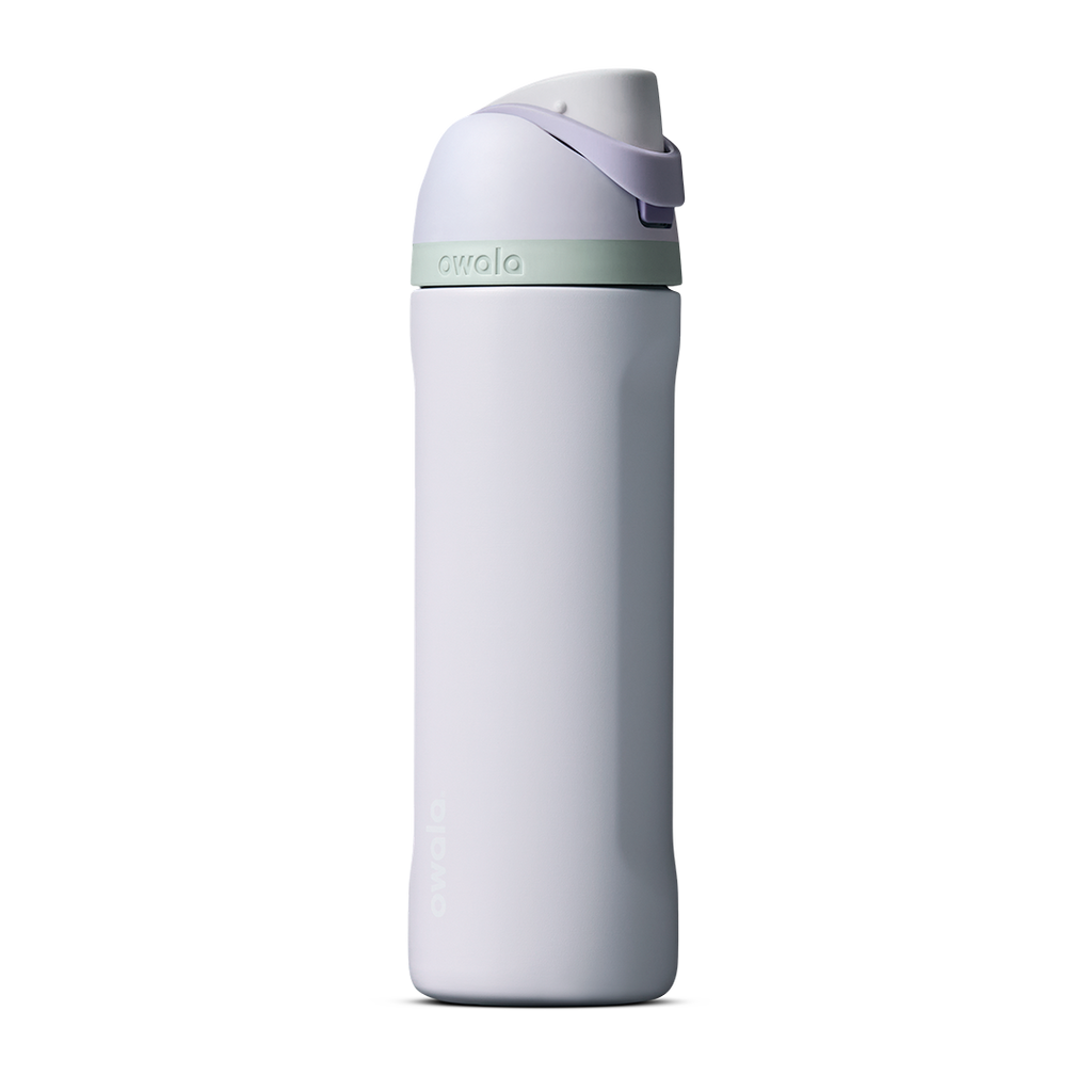 FreeSip 24oz in Open Air, pale periwinkle lavender insulated bottle with white and lavender flip cap and mint green carry loop