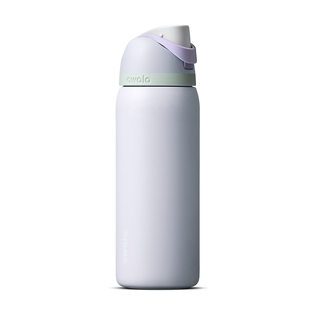 FreeSip 32oz in Open Air, pale periwinkle lavender insulated bottle with lavender flip cap and mint green carry loop