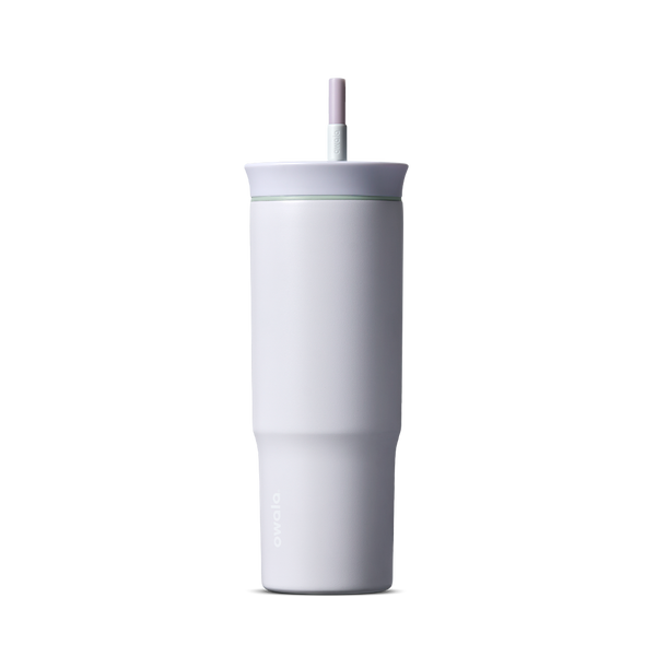 24oz Tumbler in Open Air; matte off-white insulated tumbler with white lid and pink-striped straw, Owala wordmark on front