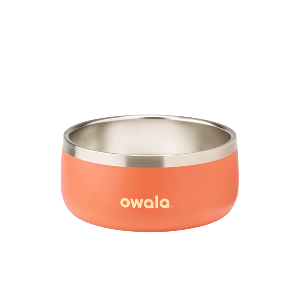 Pet Bowl 3-cup in Trailside Tricks; matte coral orange cup exterior with stainless steel interior rim and cream Owala logo on front