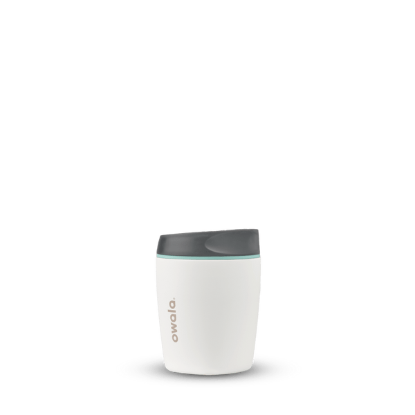 SmoothSip 10oz in Cloudscape, off-white cream tumbler body with charcoal gray flip-style lid and mint green accent ring