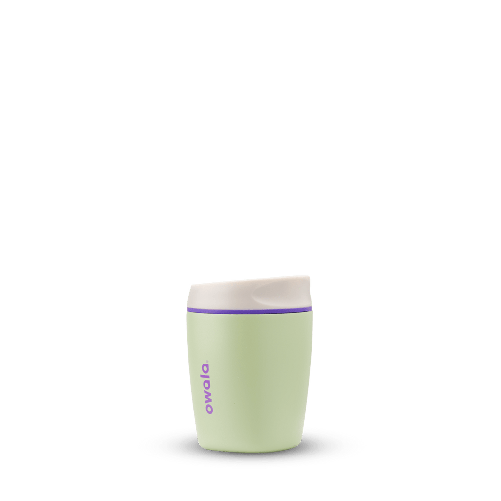 SmoothSip 10oz in Hip Cactus, light olive green tumbler body with cream flip-style lid, slim purple accent ring, and purple Owala logo