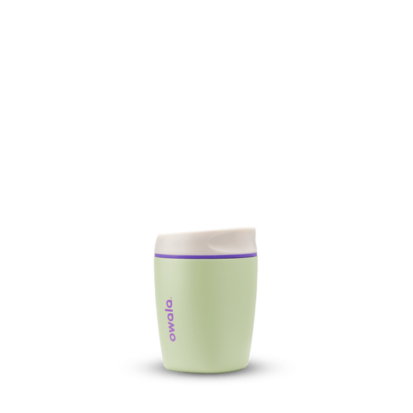 SmoothSip 10oz in Hip Cactus, light olive green tumbler body with cream flip-style lid, slim purple accent ring, and purple Owala logo