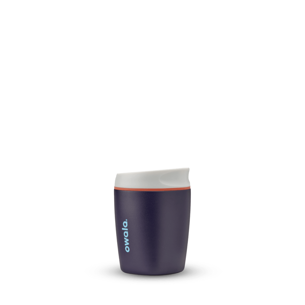 SmoothSip 10oz in Telescope Tales, deep eggplant purple body with off-white cream flip-style lid, orange accent ring, and bright cyan blue Owala logo