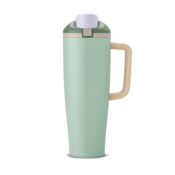 FreeSip Tumbler 40oz Eucalyptus, sage green body with white flip cap, tan carry loop, and tan handle