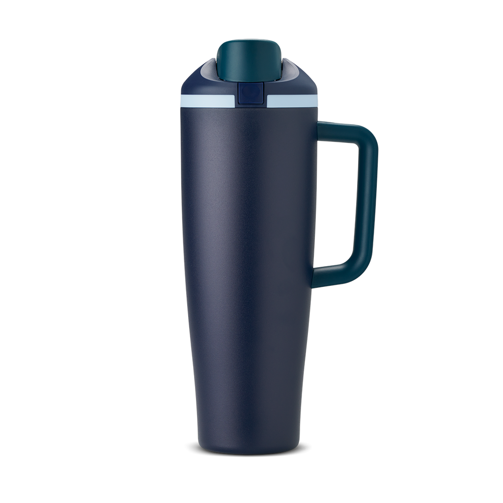 FreeSip Tumbler 40oz Sea Captain, dark navy body with teal lid, silver accent ring, and teal handle